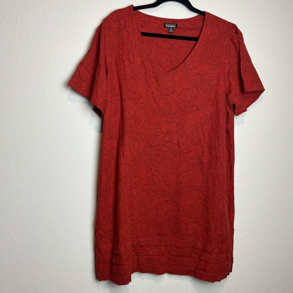 Original Nicole Miller Dress Womens XXL Red Floral Linen V Neck Shift Pleated